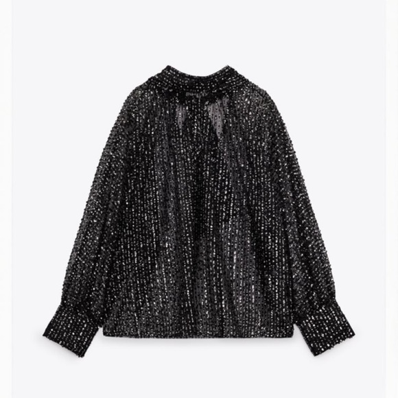 ZARA TIED COLLAR SEQUIN BLOUSE - Picture 3 of 3